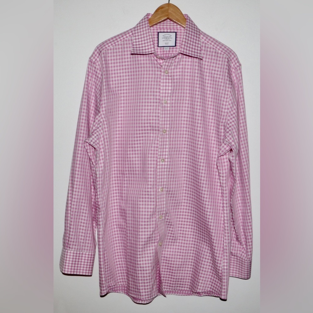 Charles Tyrwhitt Mens Dress Shirt 16 1/2 35 Pink Plaid Non Iron Slim Fit